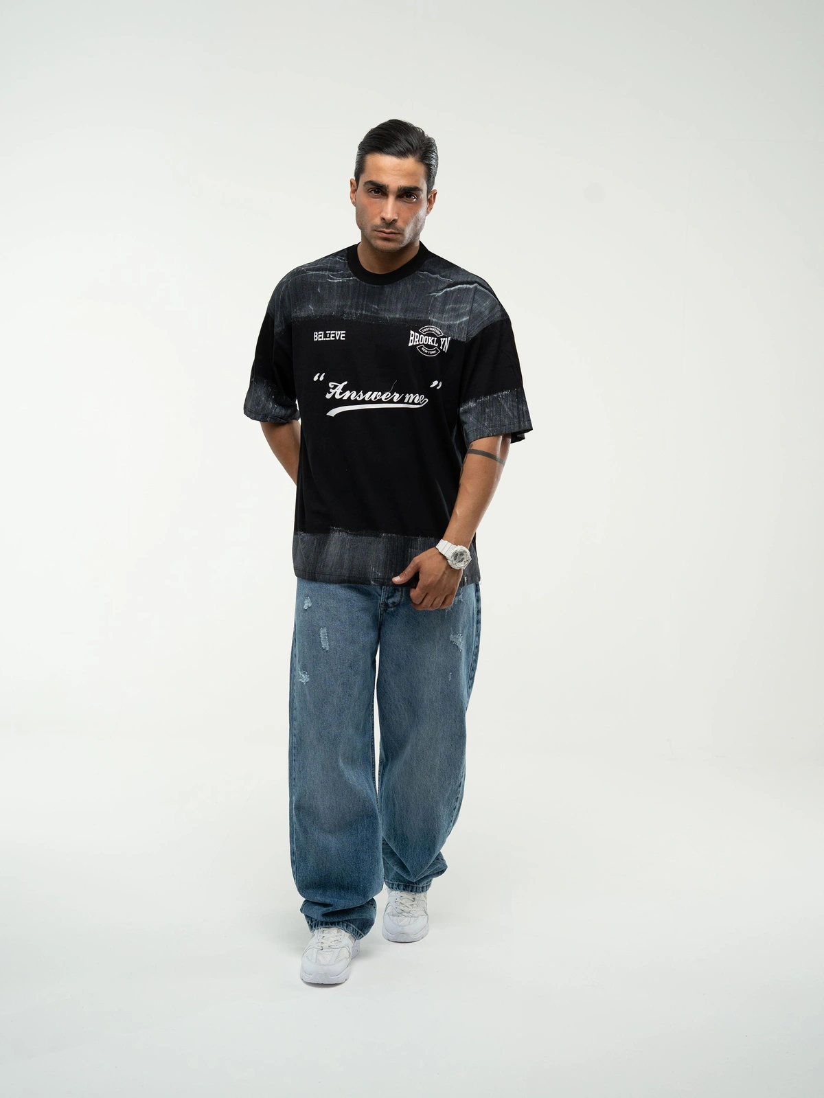 تیشرت مردانه طرح Answerme مدل باکسی – نخ درجه یک با چاپ باکیفیت در رنگ مشکی