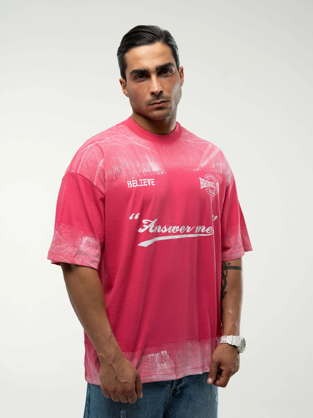 تیشرت مردانه طرح Answerme مدل باکسی – نخ درجه یک با چاپ باکیفیت در رنگصورتی