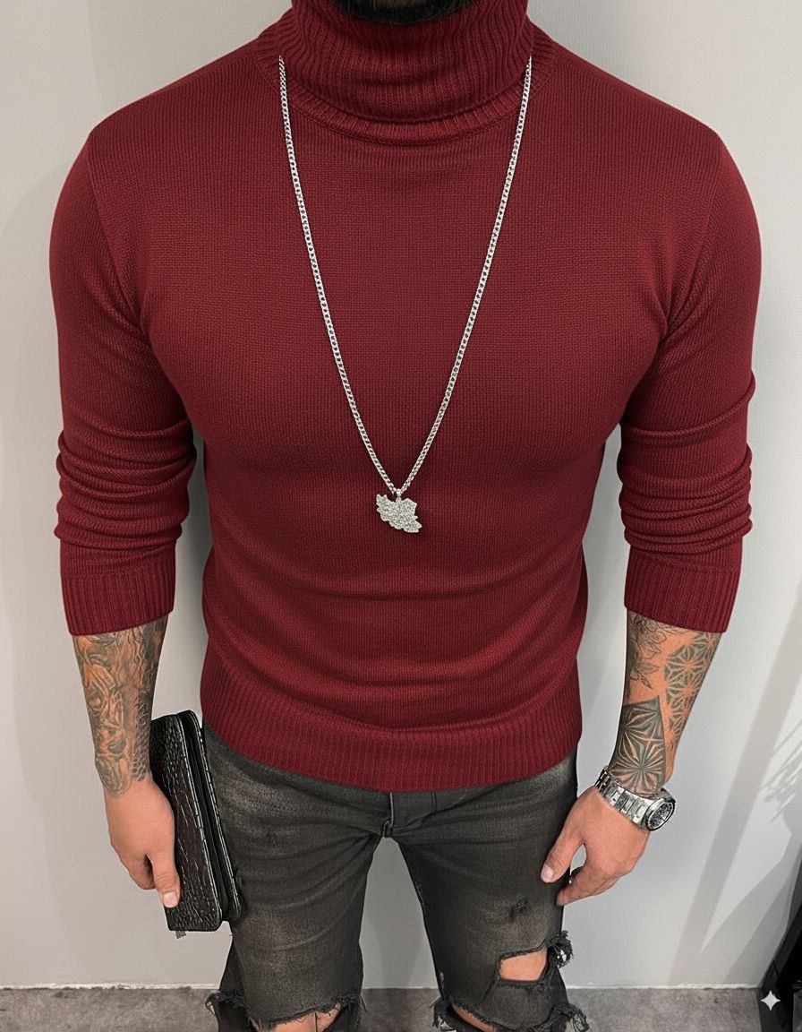 بافت یقه اسکی مردانه رنگ زرشکی — فری‌سایز — پارچه فول‌کش