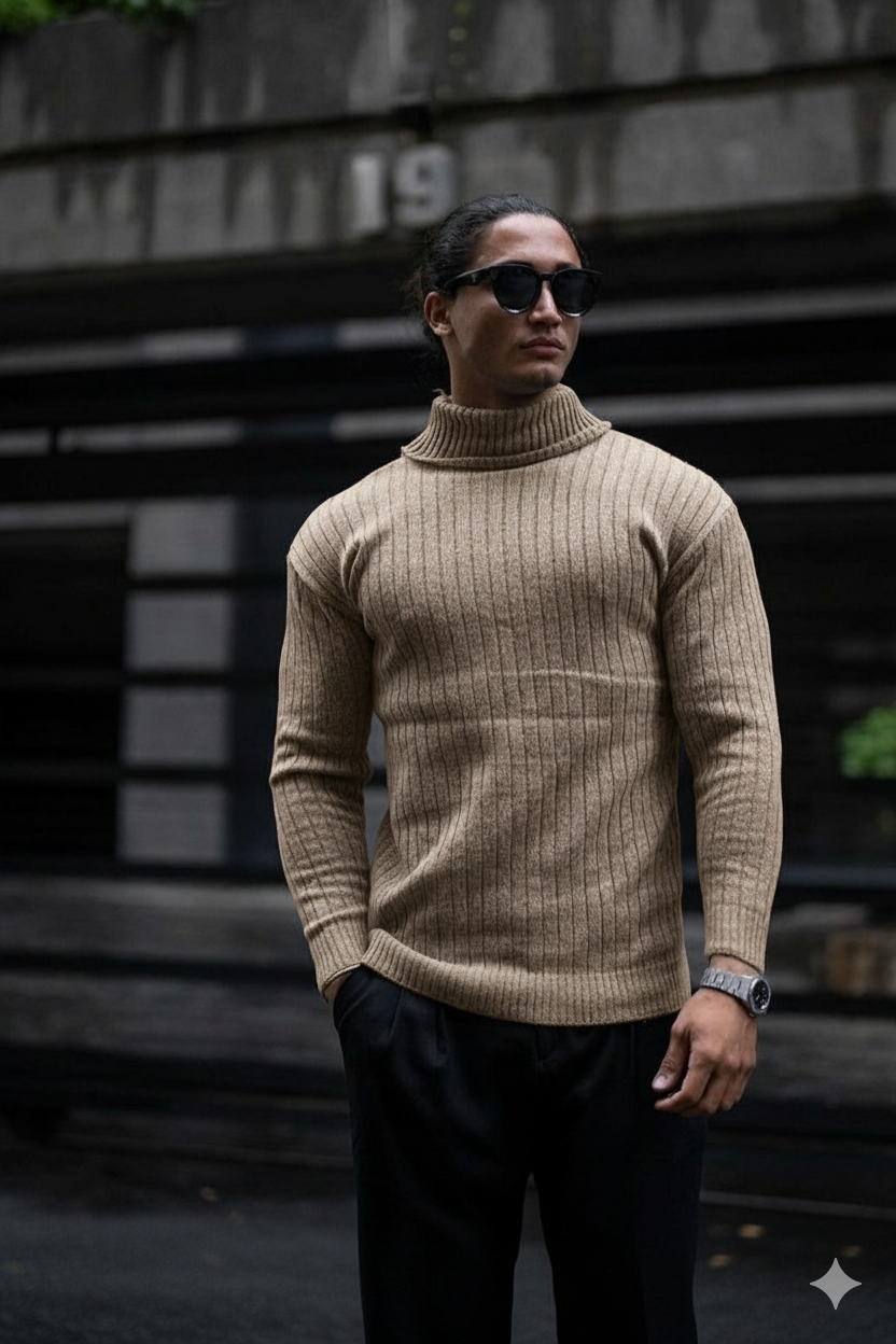 بافت یقه اسکی میلهای مردانه رنگ نسکافهای