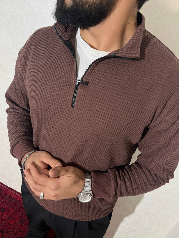 نیمزیپ بافت بیسکویتی مردانه رنگ قهوهای