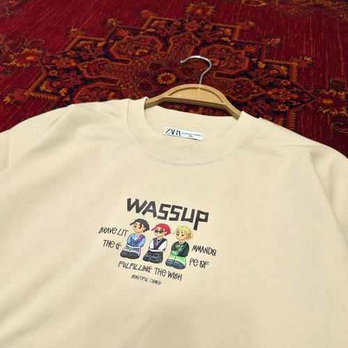 تیشرت دورس دونخ لاکرا اورسایز طرح WASSUP | استایل خیابانی | 5 رنگ جذاب